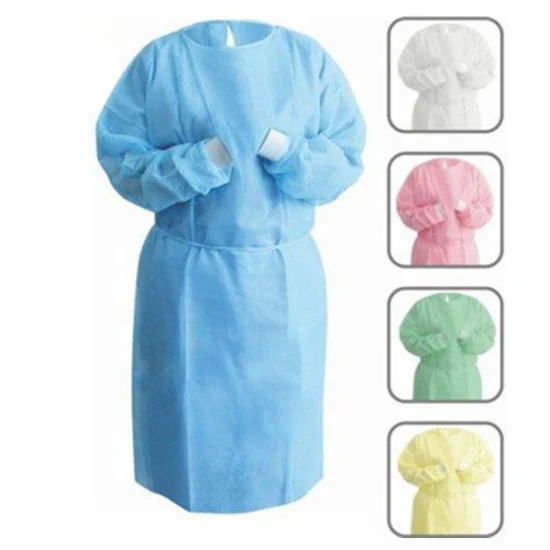 Chine prix de gros d'usine bleu jaune rouge blanc 30GSM 40GSM tablier costume PP PE SMS uniforme médical jetable robe d'isolement chirurgical pour l'hôpital