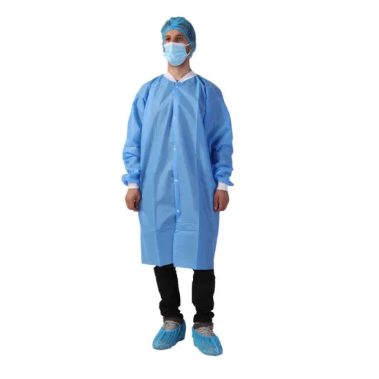 Unisexe PP SMS non tissé blanc bleu uniforme de travail médecin hôpital dentiste médical blouse de laboratoire jetable avec bouton-pression/fermeture à glissière pour l'industrie alimentaire