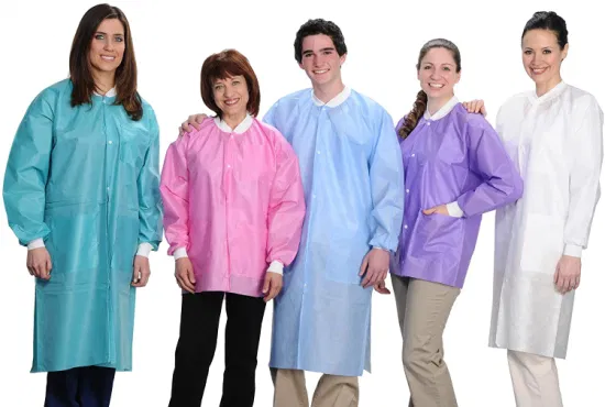 SJ vêtements jetables bleu rose SMS blouse de laboratoire respirante résistante aux fluides avec poches col et poignets tricotés